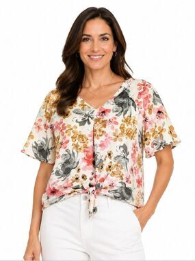 MANDY EVANS Floral Print Short Sleeve Tie Front Blouse Size XL